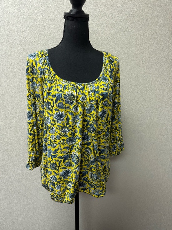 Michael Kors Yellow Blue Floral Peasant Top Large Boho Stretch Blouse - Picture 2 of 7